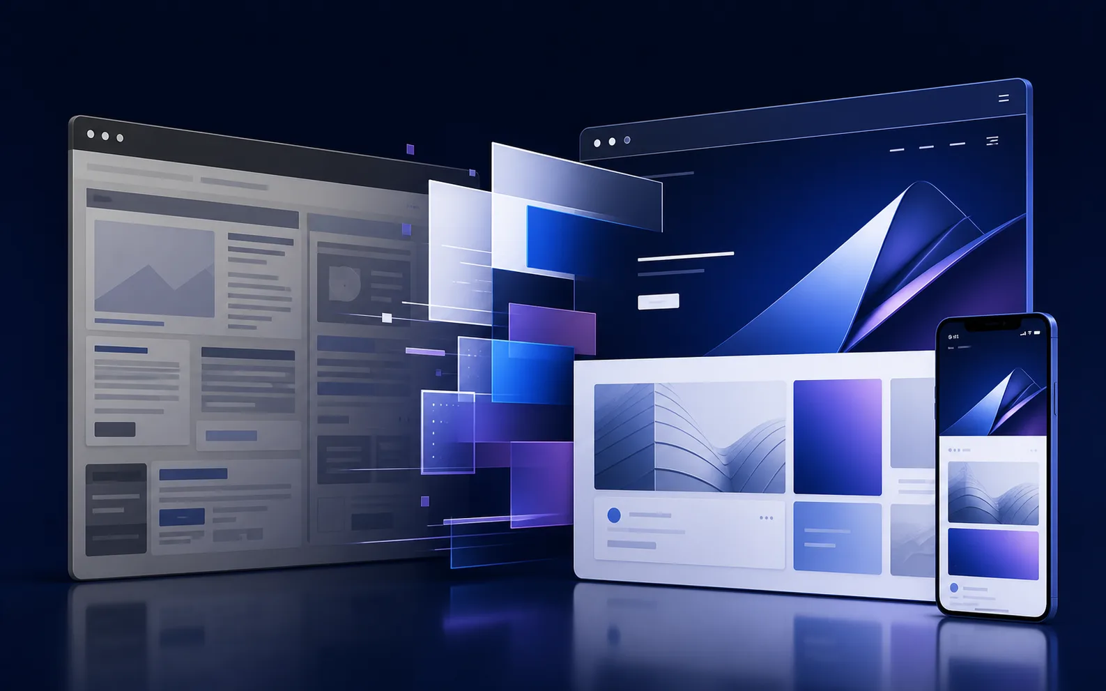 Before-and-after website interface concepts on modern screens